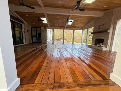 beautiful stained deck, painted columns and beams, stained ceiling